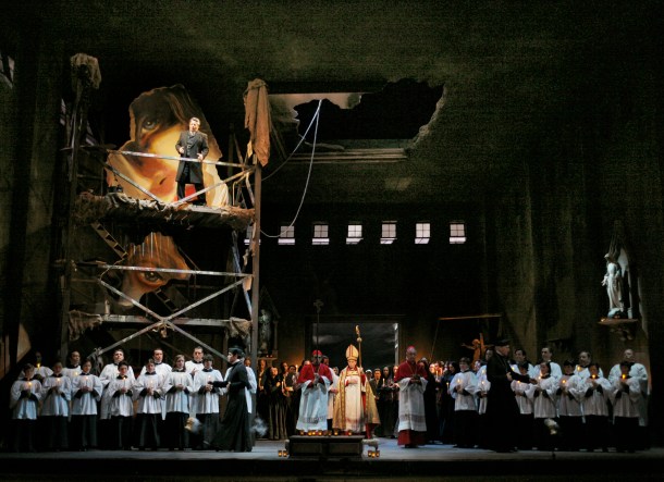 Lado Ataneli (Scarpia) on platform, with ensemble (finale of Act 1)