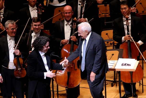 Gustavo Dudamel and Frank Gehry at the Los Angeles Philharmonic's 10th Anniversary Celebration at Walt Disney Concert Hall on September 30, 2013 in Los Angeles, California.